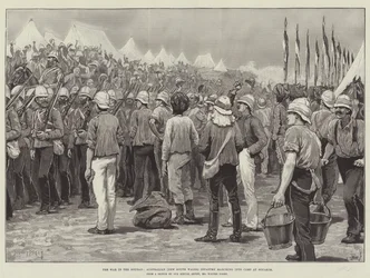 De oorlog in de Soedan, Australische (Nieuw-Zuid-Wales) infanterie marcheert het kamp binnen in Souakim